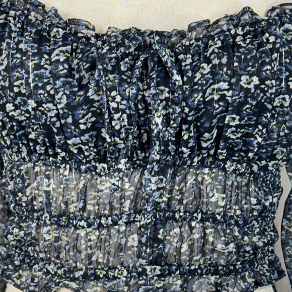 Aeropostale Small Cropped Top Floral Ruffled Keyhole Balloon Sleeve Square Neck - Picture 2 of 9